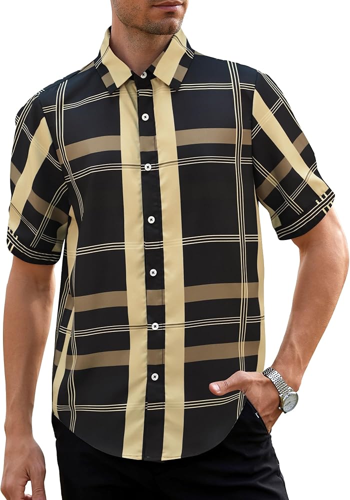 Mens Button Down Short Sleeve Shirt Slim Fit Plaid Shirt Summer Casual Button Up Shirt Men