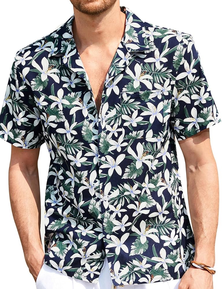 Men's Hawaiian Floral Shirts Cotton Button Down Tropical Holiday Beach Shirts