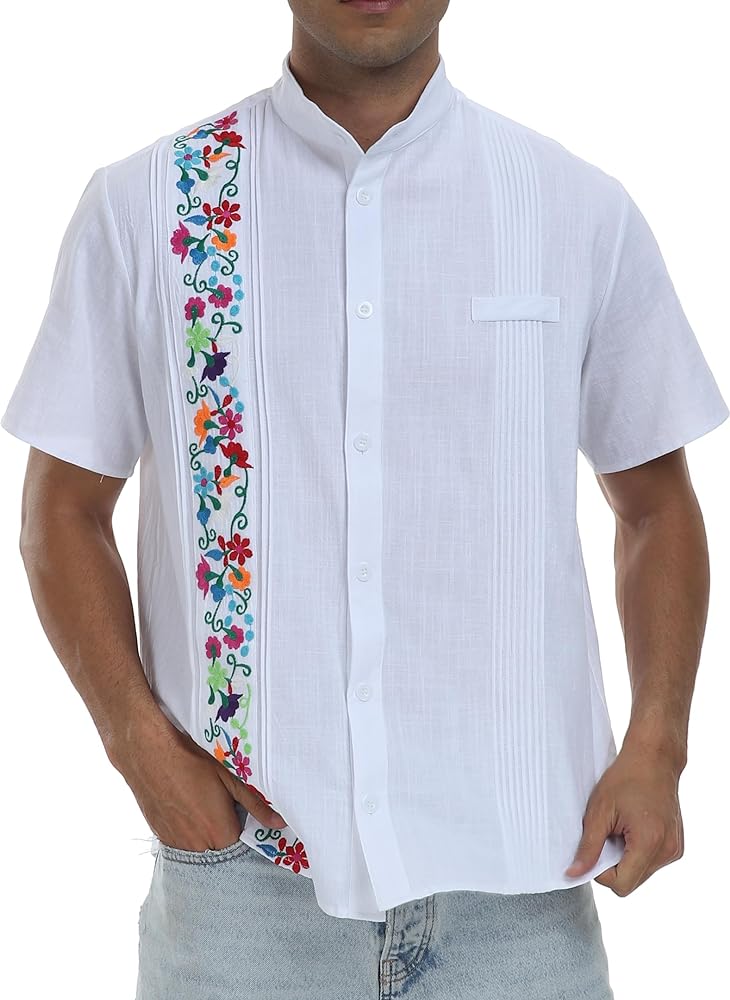 YZXDORWJ Men's Mexican Cuban Shirt Embroidered Traditional Button Down Shirt Summer Band Collar Short Sleeve Tops