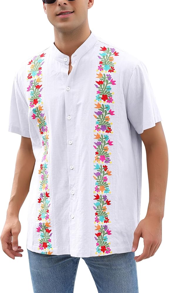 Mexican Shirts for Men Guayabera Shirt Traditional Embroidered Dress Up Fiesta Independence Day of The Dead Cinco De Mayo