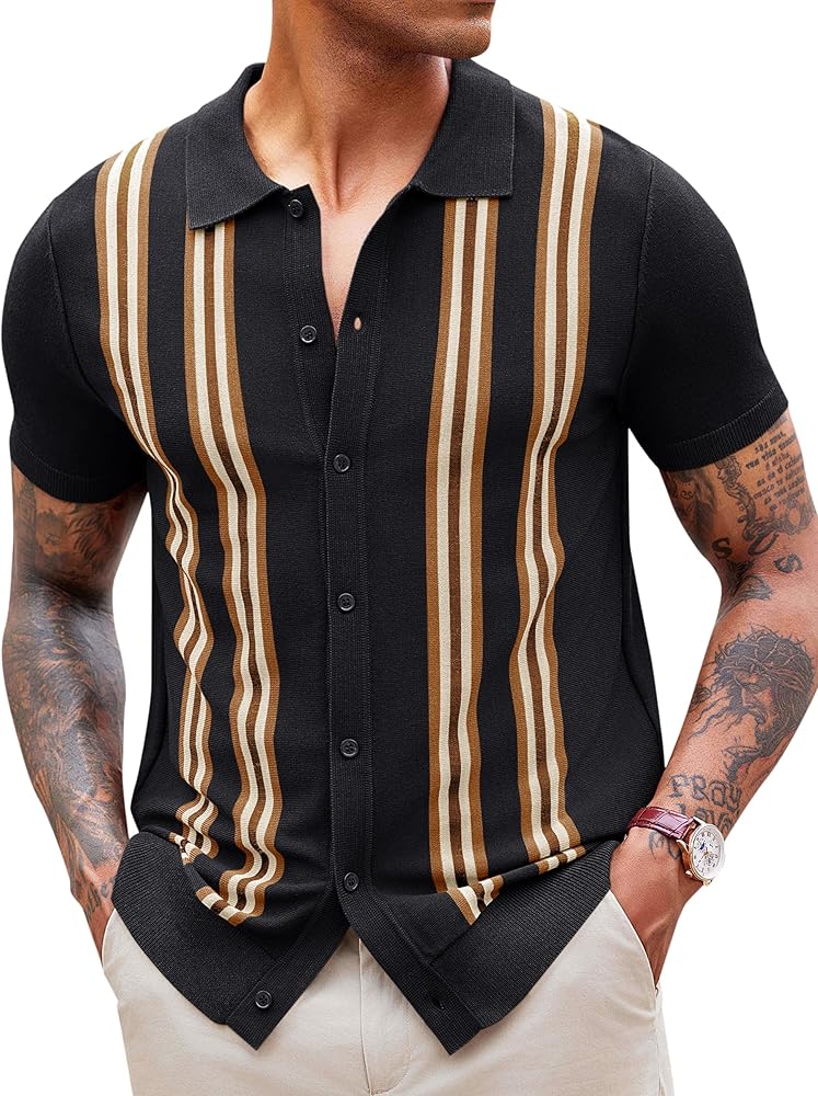 Runcati Mens Knit Polo Shirts Striped Vintage Short Sleeve Shirt Button Down Casual Slim Fit Sweater