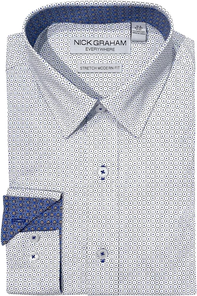 Nick Graham Long Sleeve Lattice Circles Dress Shirt for Men, Wrinkle Free Men’s Dress Shirt with Performance Fabric