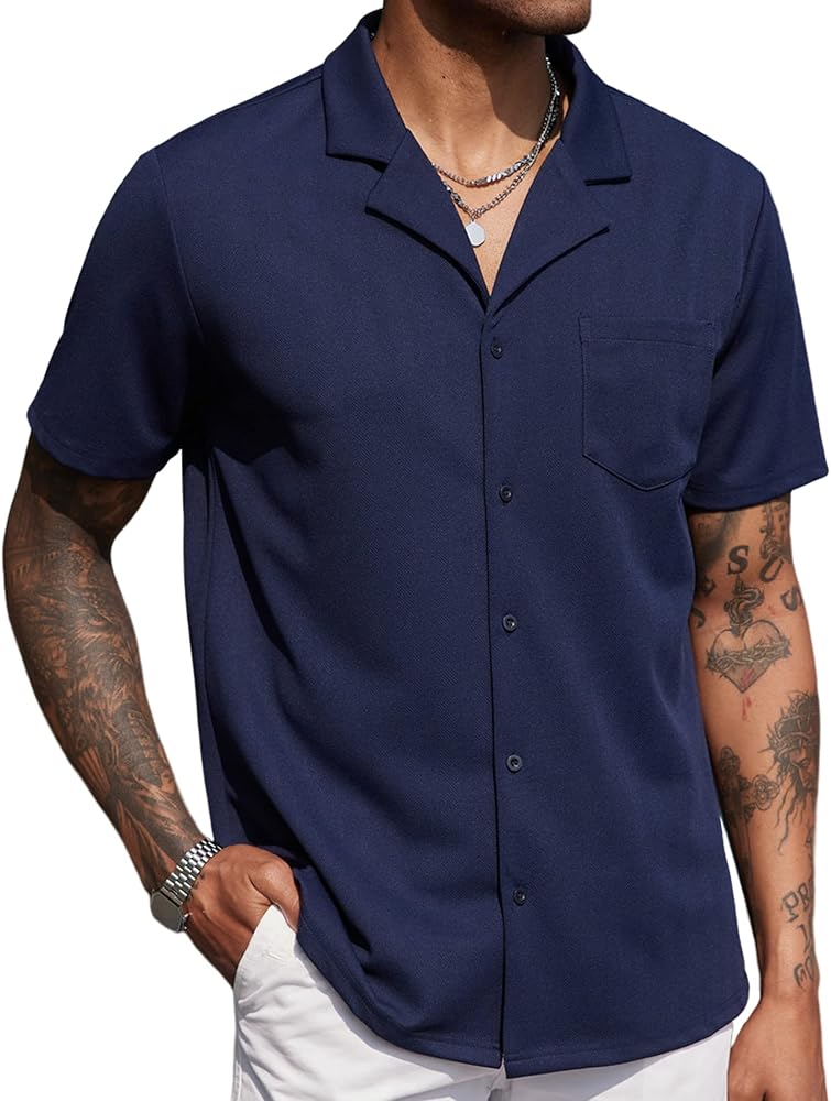 COOFANDY Mens Wrinkle Free Button Down Shirt Short Sleeve Business Casual Untucked Shirts Lightweight Stretch Shirt Blue