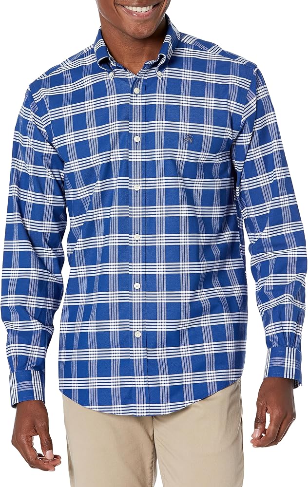 Brooks Brothers Men's Non-Iron Stretch Oxford Sport Shirt Long Sleeve Check, Blue, Large