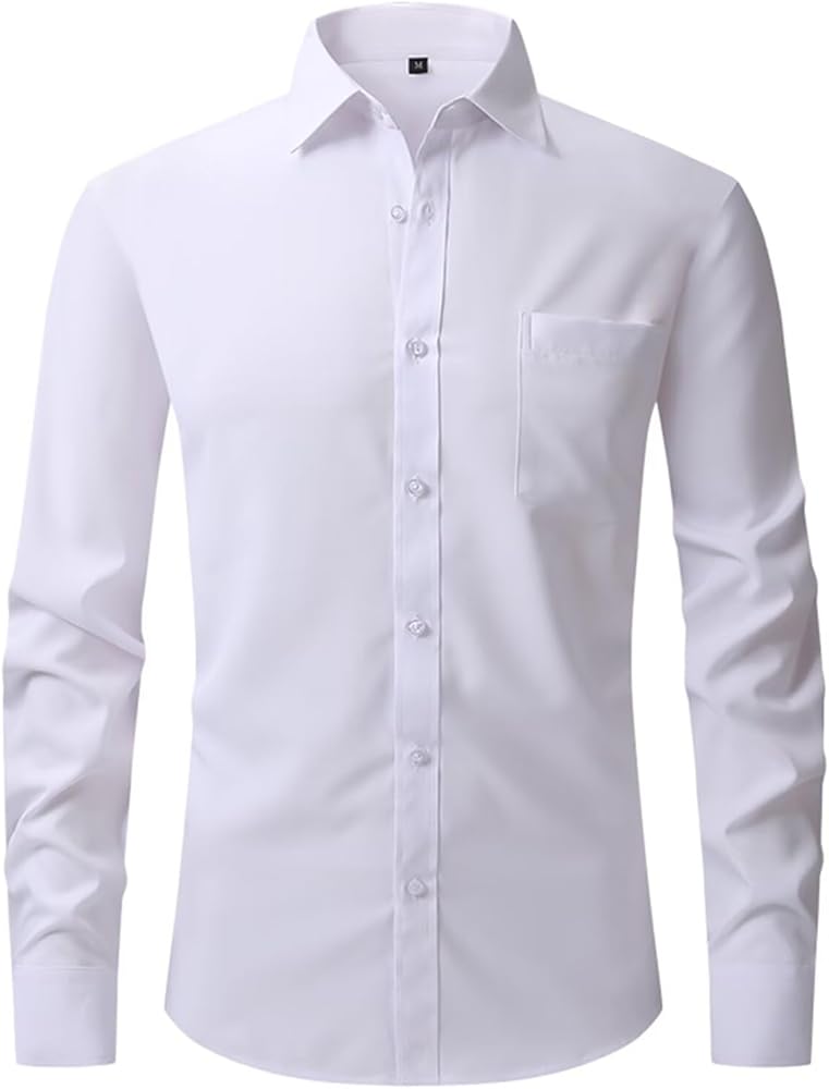 Mens Dress Shirts Long Sleeve Wrinkle-Free Solid Stretch Casual Button Down Shirt