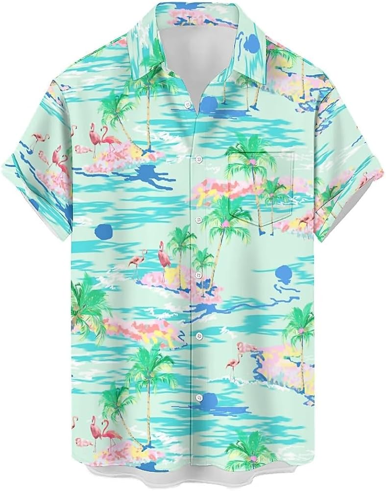 Button Down Shirt Men Rock and Roll Punk Print Pocket Lapel Hawaiian Casual Loose Short Sleeve Shirt Flamingo Green 3XL