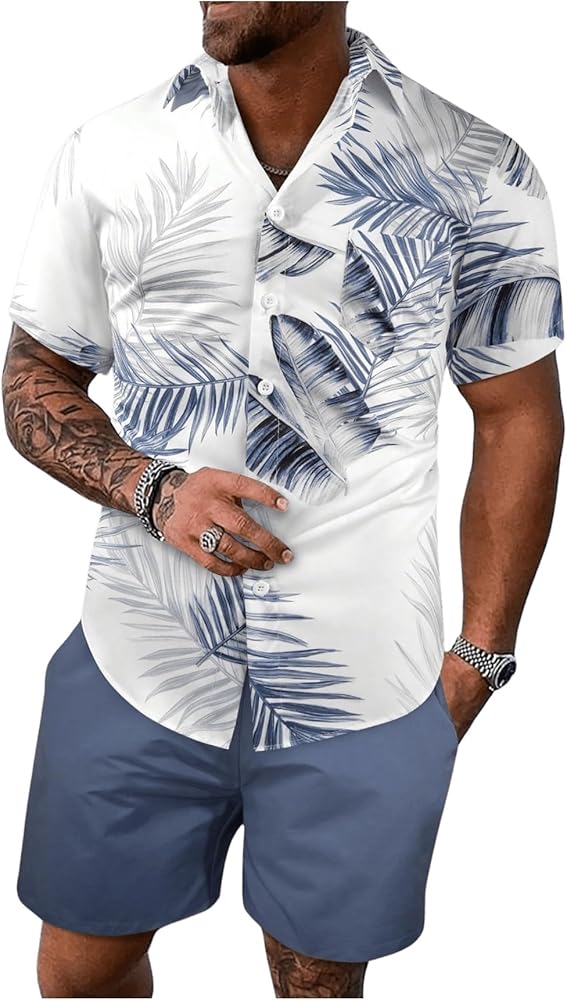 SOLY HUX Men's 2 Piece Outfits Hawaiian Tropical Print Button Down Short Sleeve Shirt and Shorts Set