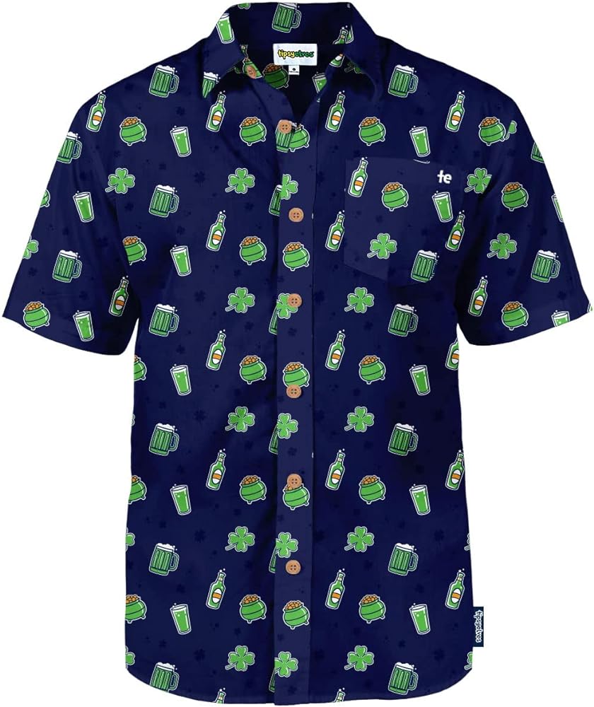 Tipsy Elves St Patrick's Day Shirts for Men - Casual Men's Short Sleeve Button Down Shirts - Green Clover Irish Shirts