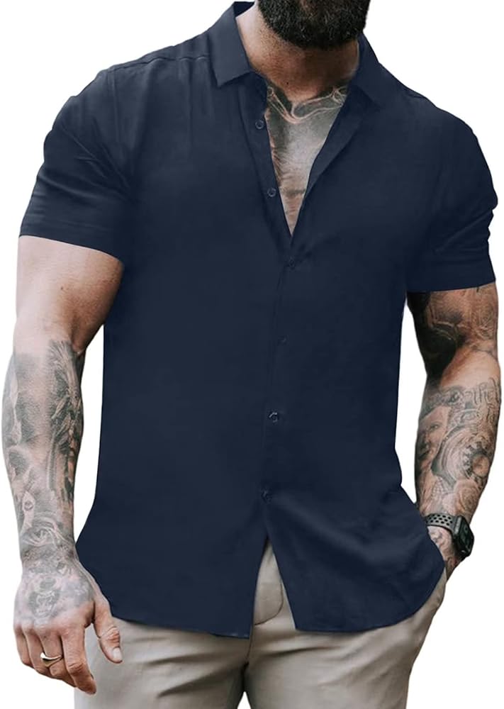 Mens Short Sleeve Button Down Shirts Casual Muscle Fit Dress Shirts Summer Stylish