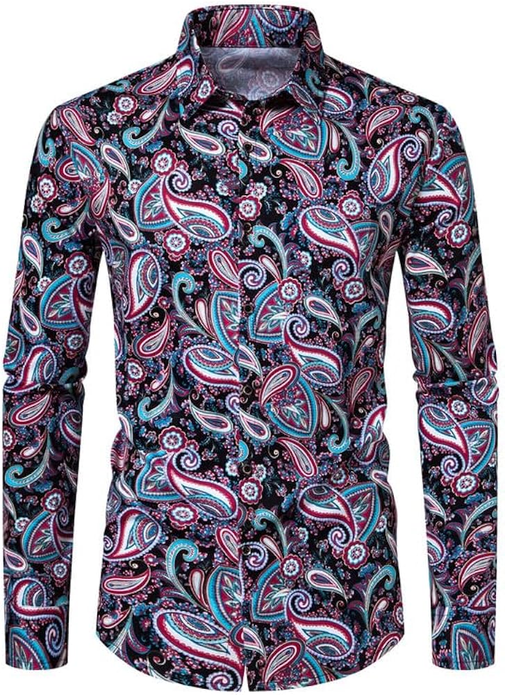 Mens Casual Button Down Long Sleeve Shirts,Stylish Paisley Printed Shirts,Floral Slim Fit Dress Shirts