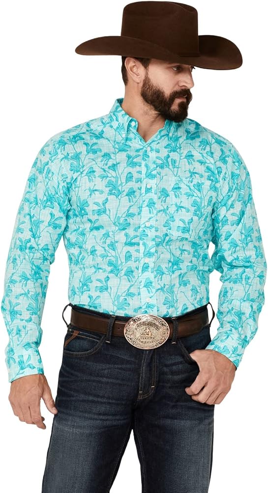 ARIAT Men's Wf Hassan Floral Print Long Sleeve Button-Down Western Shirt Turquoise Medium