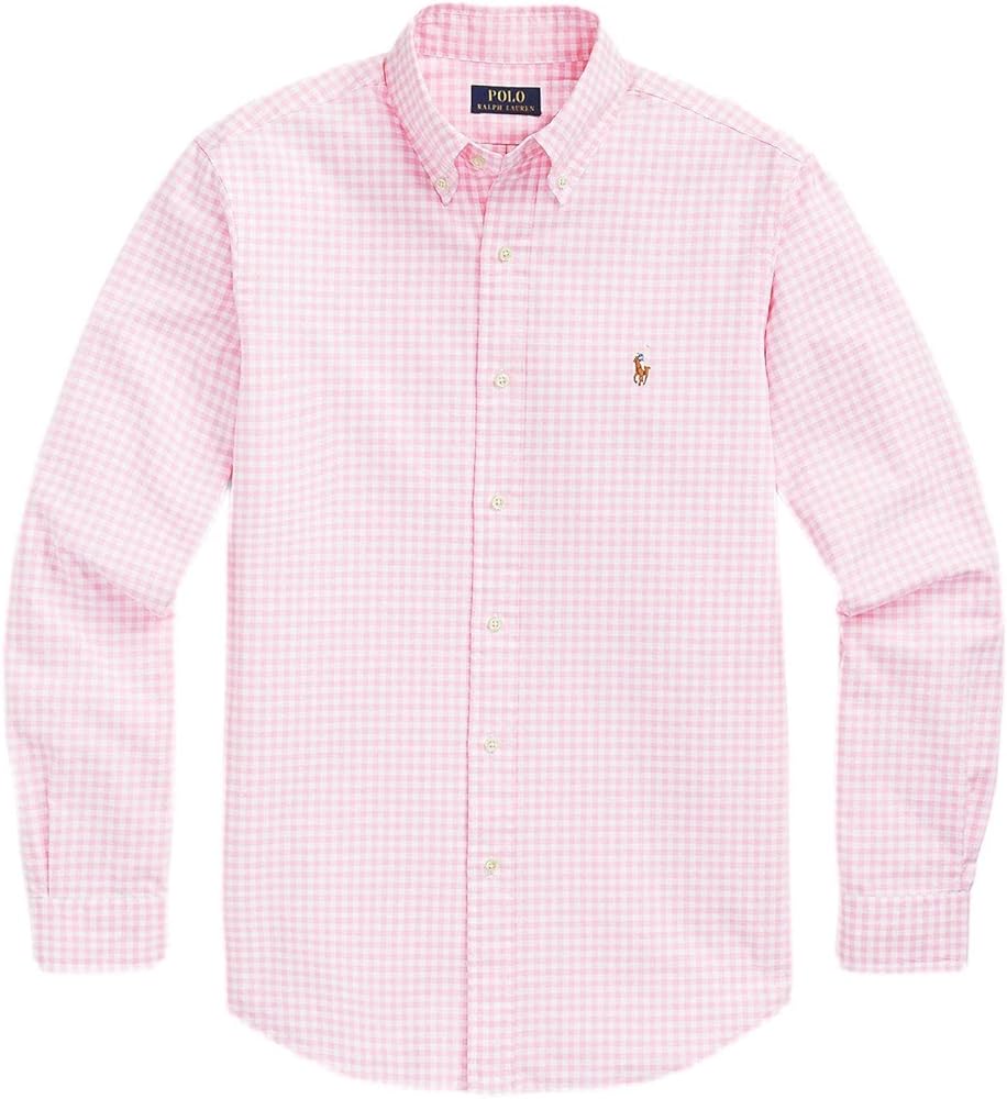 POLO RALPH LAUREN Men's Long Sleeve Oxford Button Down Shirt (XL, CheckeredPink)