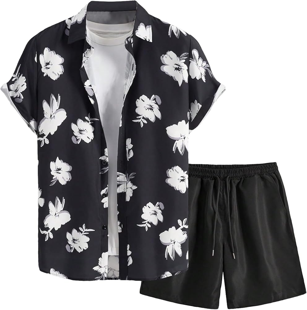 SOLY HUX Men's 2 Piece Outfits Floral Print Button Down Short Sleeve Shirt and Drawstring Shorts Set