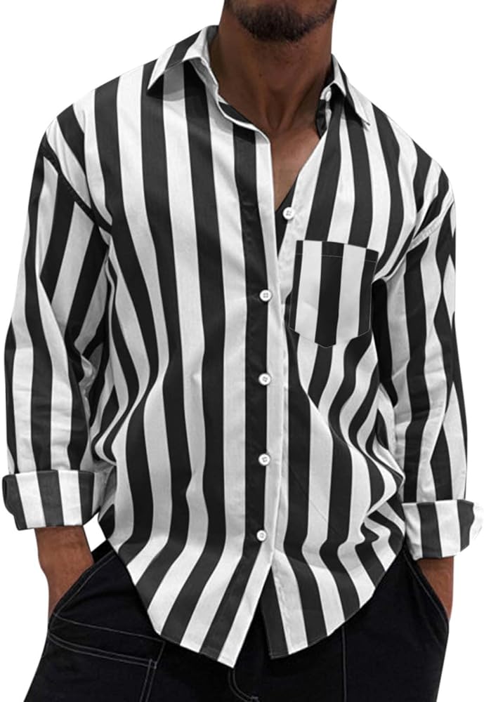 Mens Casual Button Down Vertical Striped Shirts Long Sleeve Color Block Relaxed-Fit Business Dress Shirt Pockets