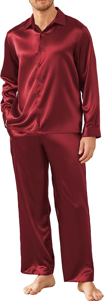 Ekouaer Mens Silk Pajama Set Long Sleeve Button Down Shirts Pjs Pants Set Satin Sleepwear Loungewear Set with Pockets