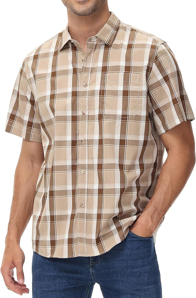 MCEDAR Slim Fit Plaid Button Down Shirts for Men Casual Short Sleeve Checked Shirt with Pocket