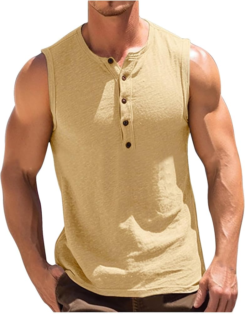 Men's Casual Tank Top Henley Shirt Summer Beach Hippie Shirt Half Button Sleeveless Muscle T Shirts Quick Dry Fitness Shirt