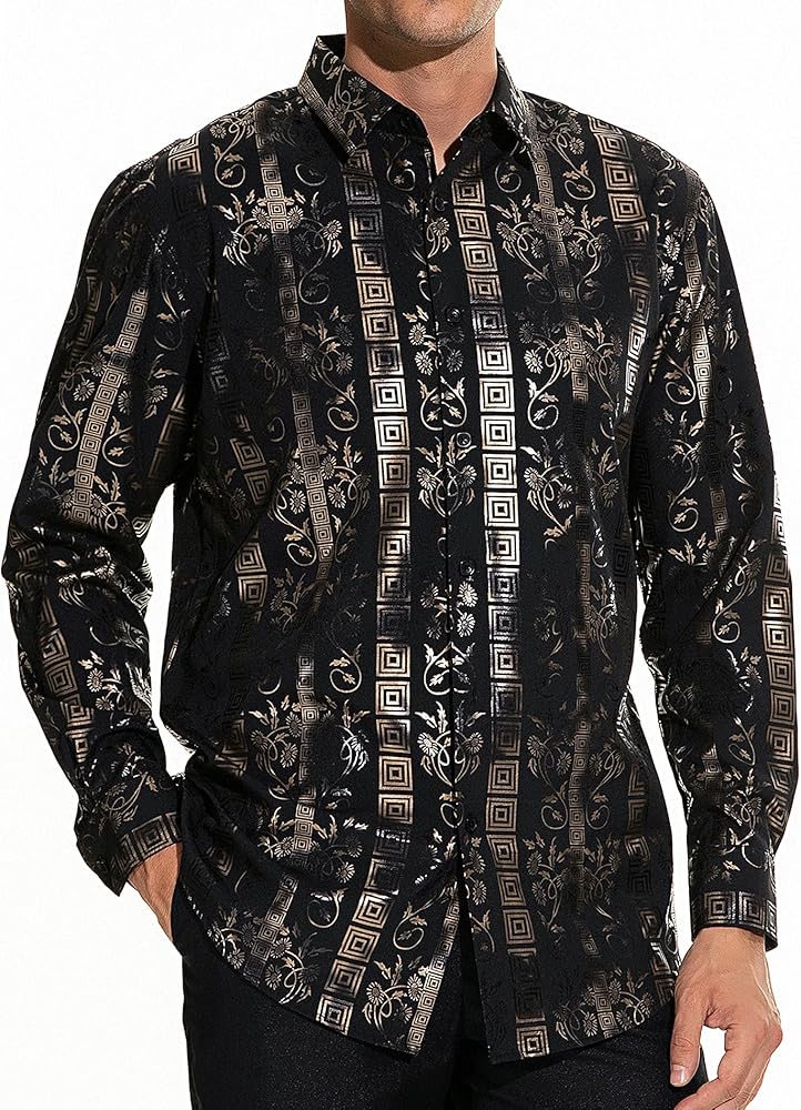 Men Floral/Golden Lion/Paisley/Fashion Luxury Printed Dress Shirts Long Sleeve Button-Down Premier Shirts