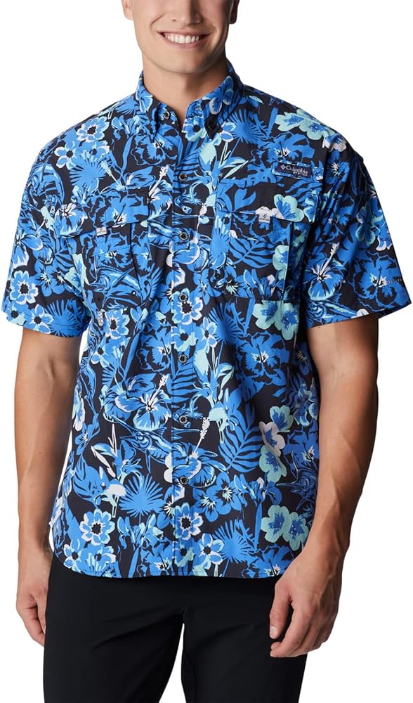 Columbia Men's Super Bahama Short Sleeve Shirt, Blue Macaw Marlin Tropic Print