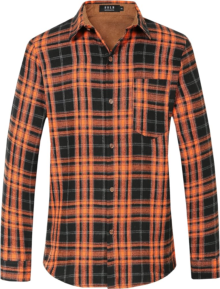 SSLR Flannel Shirts for Men, Long Sleeve Button Down Shirt Lightweight Plaid Brushed Casual