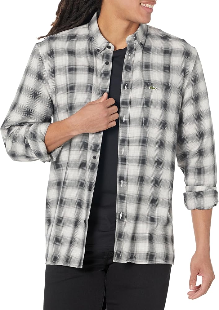 Lacoste Men's Regular Fit Long Sleeve Plaid Collared Button Down Shirt W/Front Chest Pocket