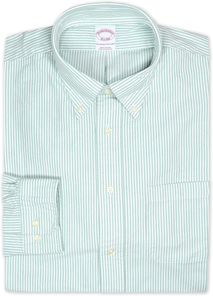 Brooks Brothers Mens Regular Fit Oxford Cotton Striped Casual Button Down Pocket Shirt, (Large, 186474 Green)