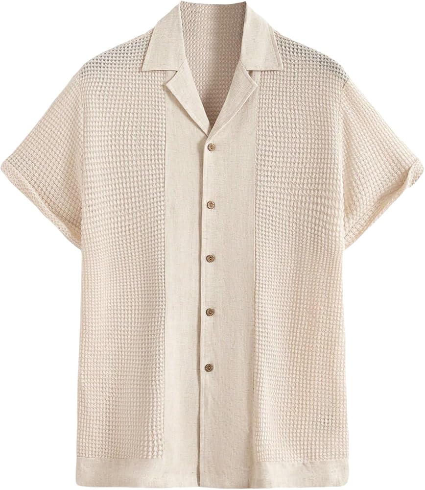 Verdusa Men's Button Down Waffle Knit Shirt Short Sleeve Collar Casual Top