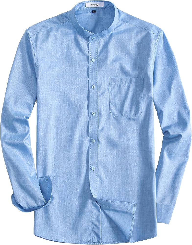 Men’s Long Sleeve Banded Collar(Mandarin Collar) Casual Linen Blended Shirts with Pocket