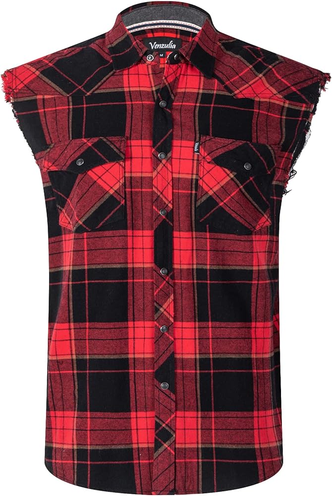 Mens Casual Flannel Plaid snap Shirt Sleeveless with Pocket