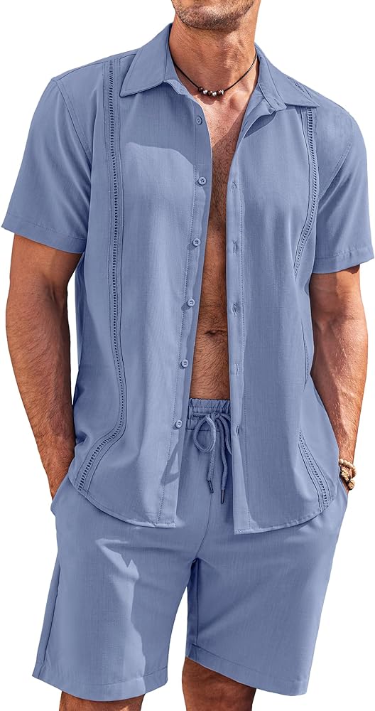 COOFANDY Men's 2 Piece Short Set Cuban Guayabera Shirts Short Sleeve Casual Beach Outfits Set