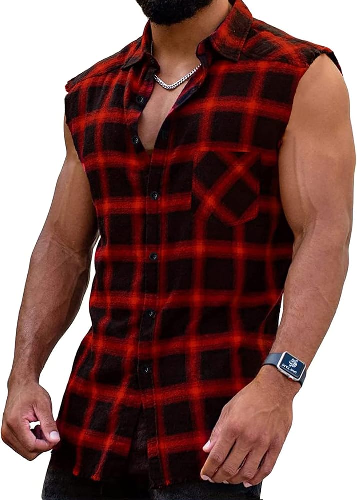 Men's Sleeveless Flannel Plaid Shirts Lightweight Casual Button Down Vest Shirts