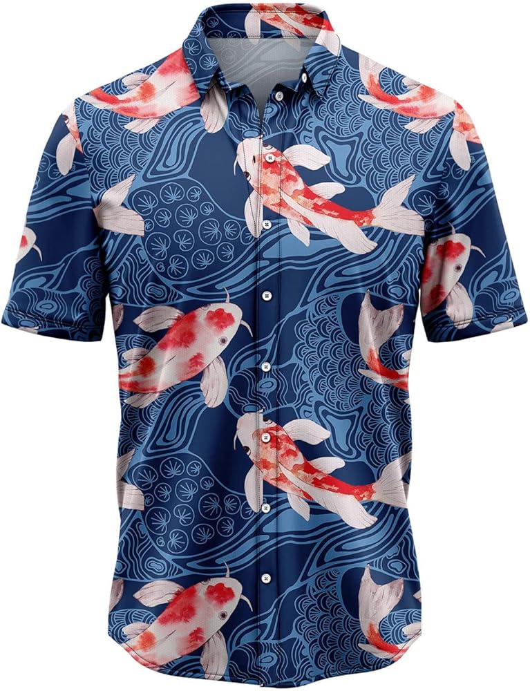 Aquarium Fish Hawaiian Shirts- Japanese Carp Casual Button Down Short Sleeve Shirts for Men and Women Set 143