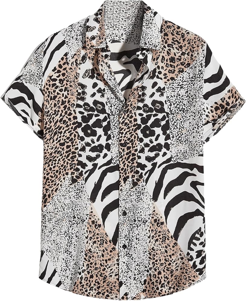 Verdusa Men's Leopard Zebra print Short Sleeve Button Down Shirt Top