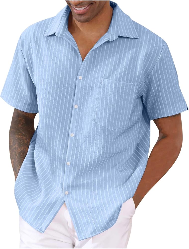 Men's Short Sleeve Button Down Shirts Summer Lapel Short Sleeved Shirt Stripe Casual Top Shirts for Men, S-2XL