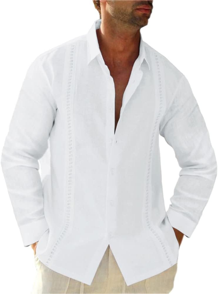 Mens Linen Guayabera Shirt Long Sleeve Casual Button Down Beach Summer Hippie Cuban Plain Shirts Tops