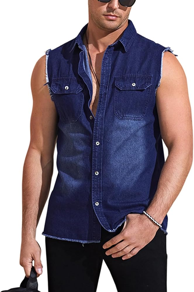 Beotyshow Mens Sleeveless Denim Vest Slim Fit Casual Retro Button Down Jacket