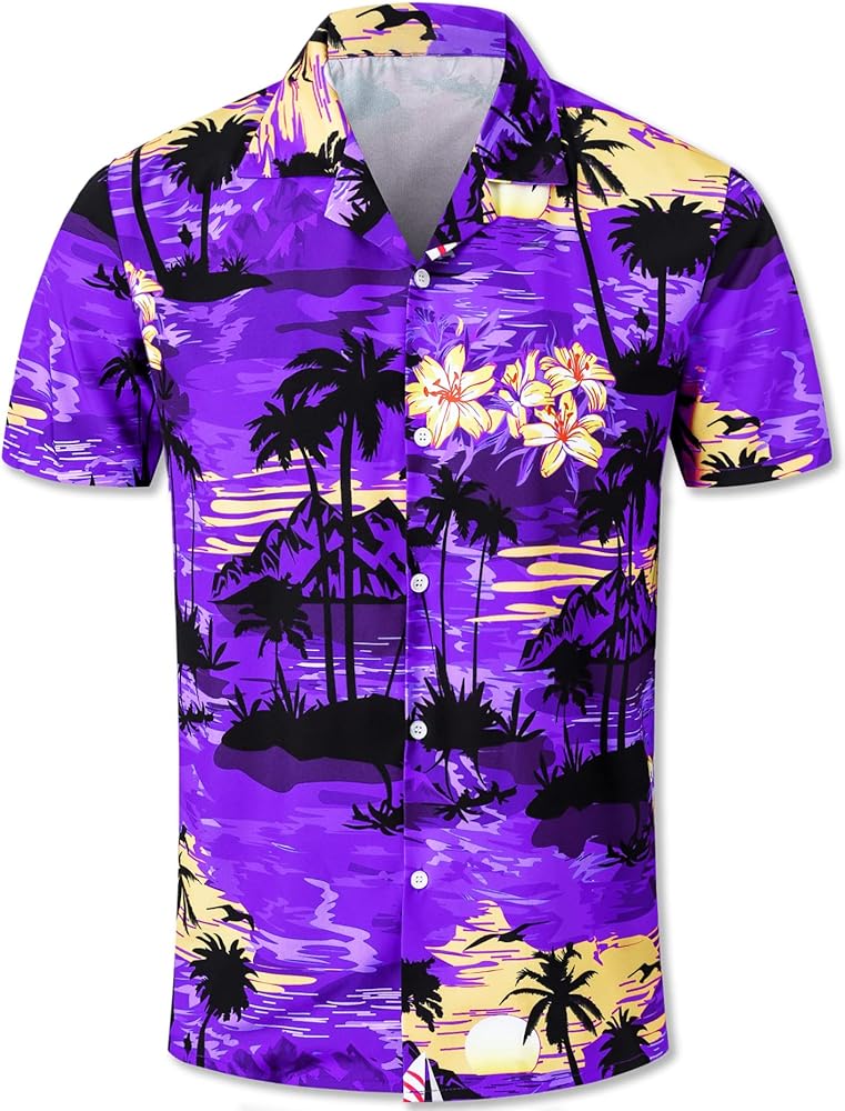 QZH.DUAO Hawaiian Party Shirt for Men, Short Sleeve Beach Printed Summer Button Down Casual Aloha Shirts, 308 Purple, 3X-Large