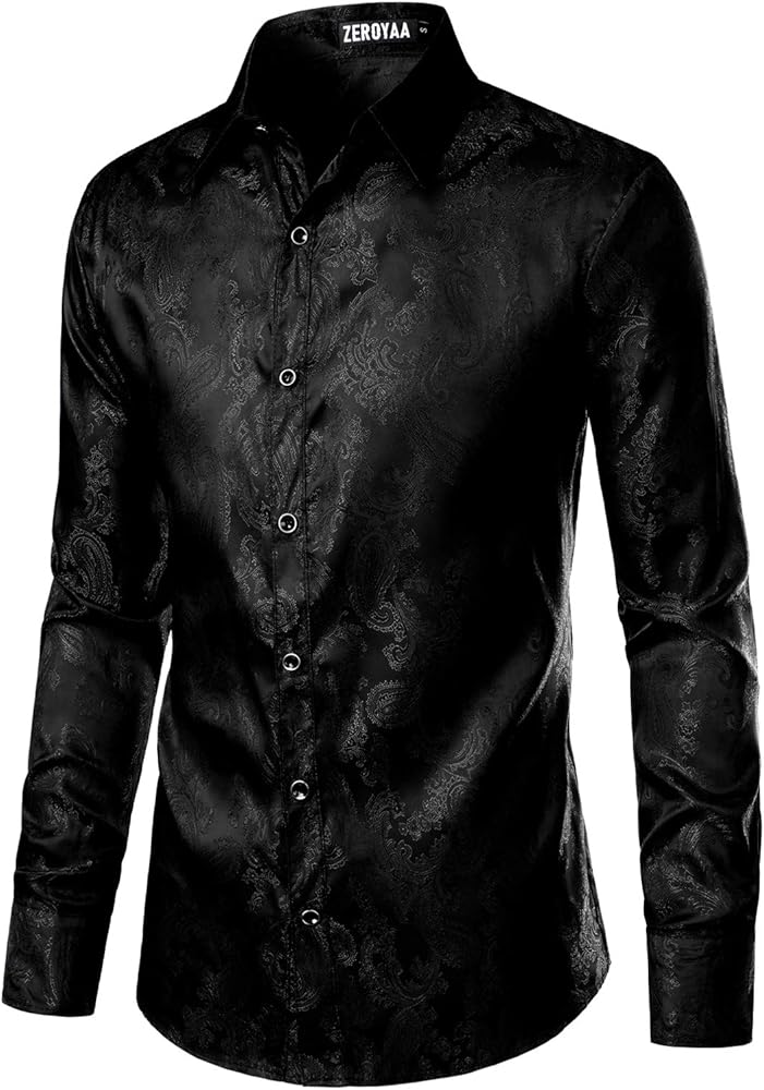 ZEROYAA Men's Paisley Jacquard Slim Fit Long Sleeve Button Up Dress Shirt for Party Prom