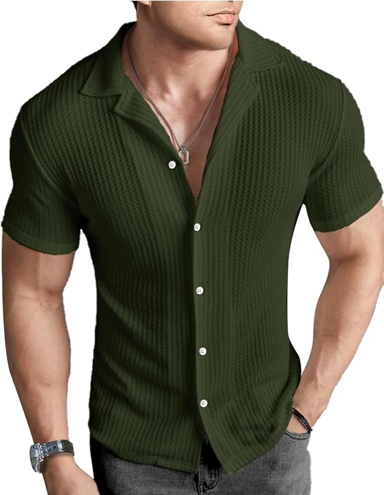 Men's Knit Polo Shirts Button Down Short Sleeve Casual Summer Beach Vintage Waffle Shirts for Men