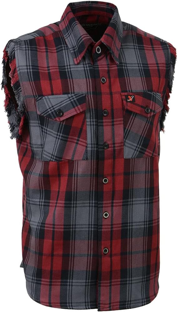 Milwaukee Leather MNG11696 Men’s Classic Black and Grey with Red Button-Down Flannel Cut Off Frayed Sleeveless Casual Shirt