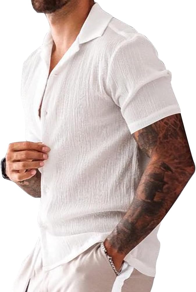 Men's Casual Button Down Shirts Short Sleeve Solid Color Yoga Beach Hawaiian Summer Holiday Top