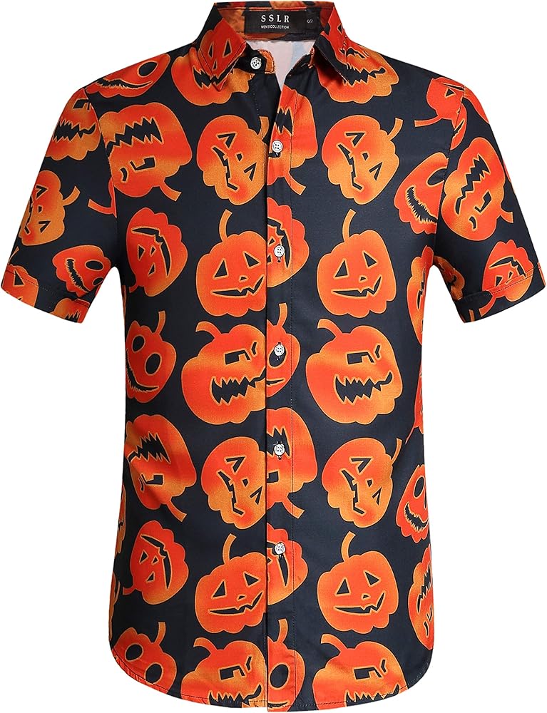 SSLR Mens Halloween Shirt, Short Sleeve Pumpkins Shirts Button Down Light Weight Causal