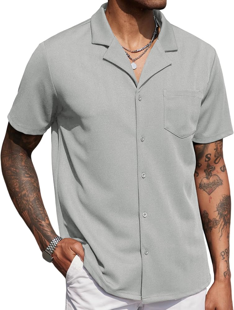 COOFANDY Men's Wrinkle Free Untucked Cuban Shirt Business Casual Button Down Shirts Short Sleeve Shirt