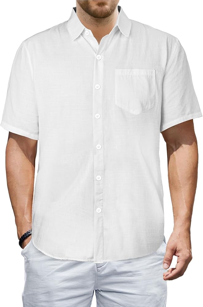 Mens Linen Shirt, Casual Button Up Down Shirts for Men, Beach Short Sleeve Essential Business Top Clothes for Summer