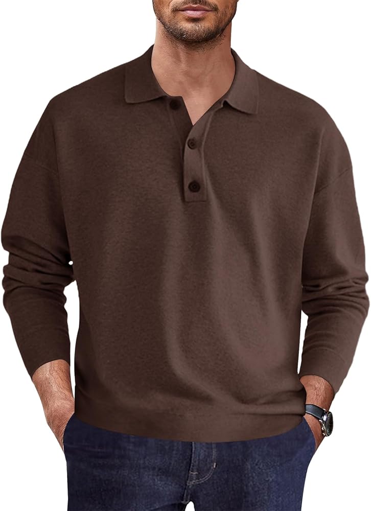 Mens Casual Knit Polo Shirt Classic Long Sleeve Thermal Basic Button Down Golf Shirts