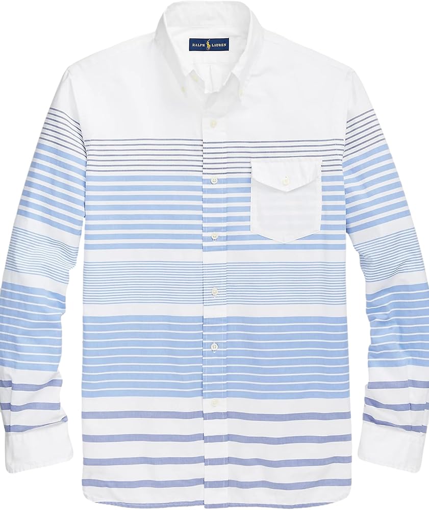 POLO RALPH LAUREN Men's Classic Fit Striped Oxford Button-Down Shirt (X-Large, White/Blue Stripe)