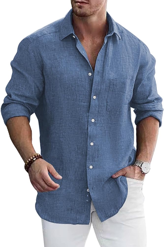 Men's Dress Long Sleeve Button Down Shirt Casual Beach Untuck Wrinkle Free Shirt