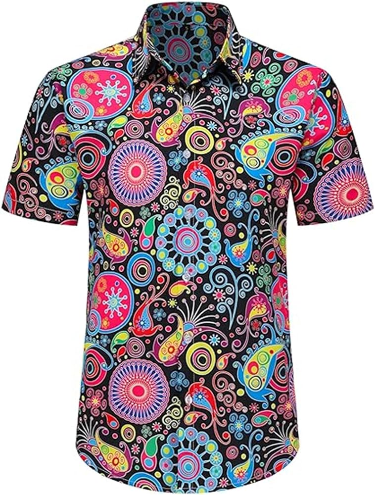 Arssm Mens 70s Disco Button Down Shirts Hip Hop Paisley Floral Vintage Retro Short Sleeve Shirt