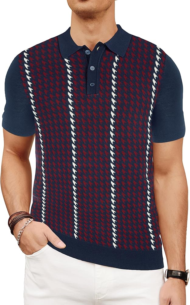 PJ PAUL JONES Men's Vintage Polo Shirts Lightweight Retro 70s Knit Houndstooth Golf Shirts