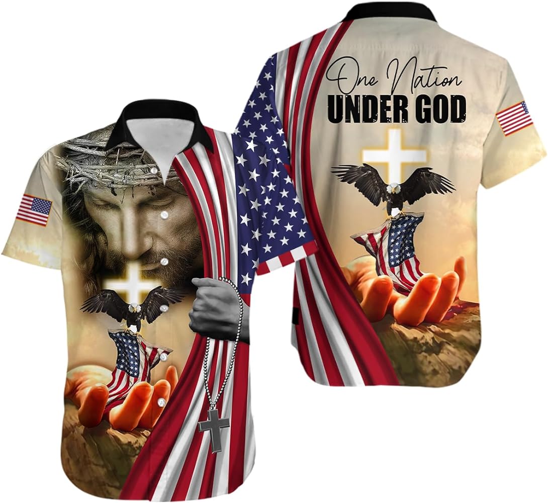 One Nation Under God American Eagle Shirts for Men- Patriotic Jesus Flag 1776 Button Up Short Sleeve Men's Hawaiian